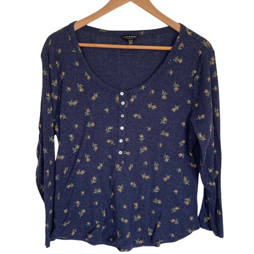 Lucky Brand Womens Knit Henley Shirt Size XL Blue Floral Lightweight Cottagecore
